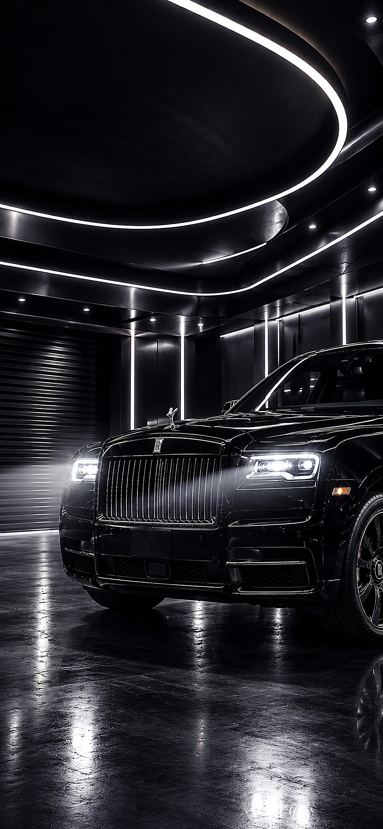 A black Rolls-Royce Cullinan with its headlights on in a dark private garage lit by curved white ceiling light strips